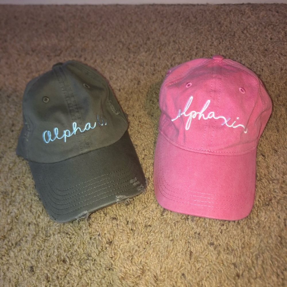 Gray distressed and pink alpha xi delta hats